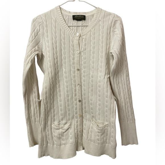 EDDIE BAUER white cable knit cardigan sweater butting front Medium - Picture 1 of 5